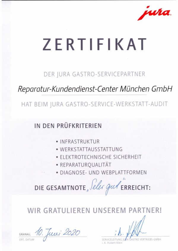 Jura Zertifikat - Kaffeemaschinen Reparatur Kundendienst Froschkönig München